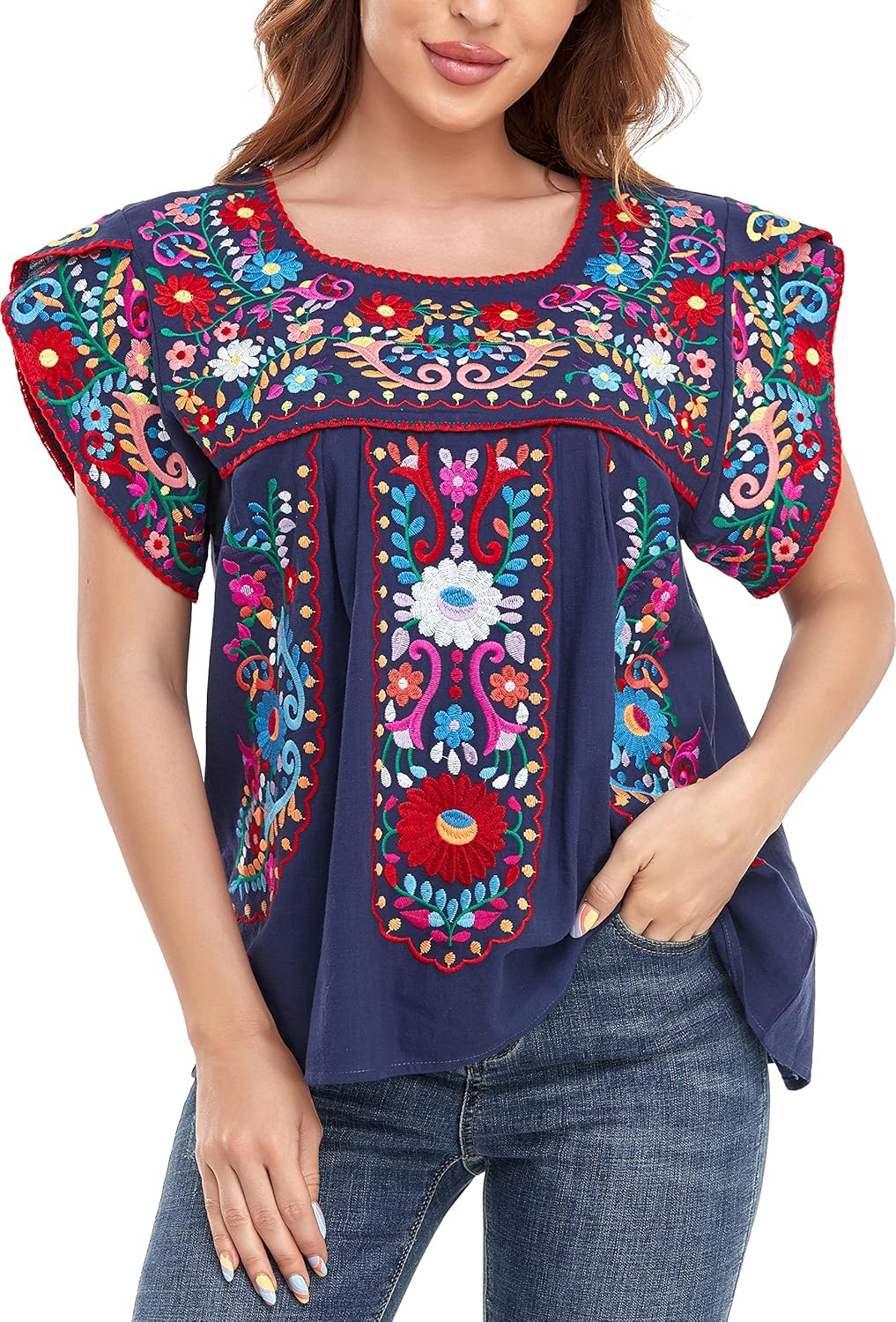 YZXDORWJ Women's Summer Boho Shirt, Special Embroidery Mexican Bohemian Tops, Un...