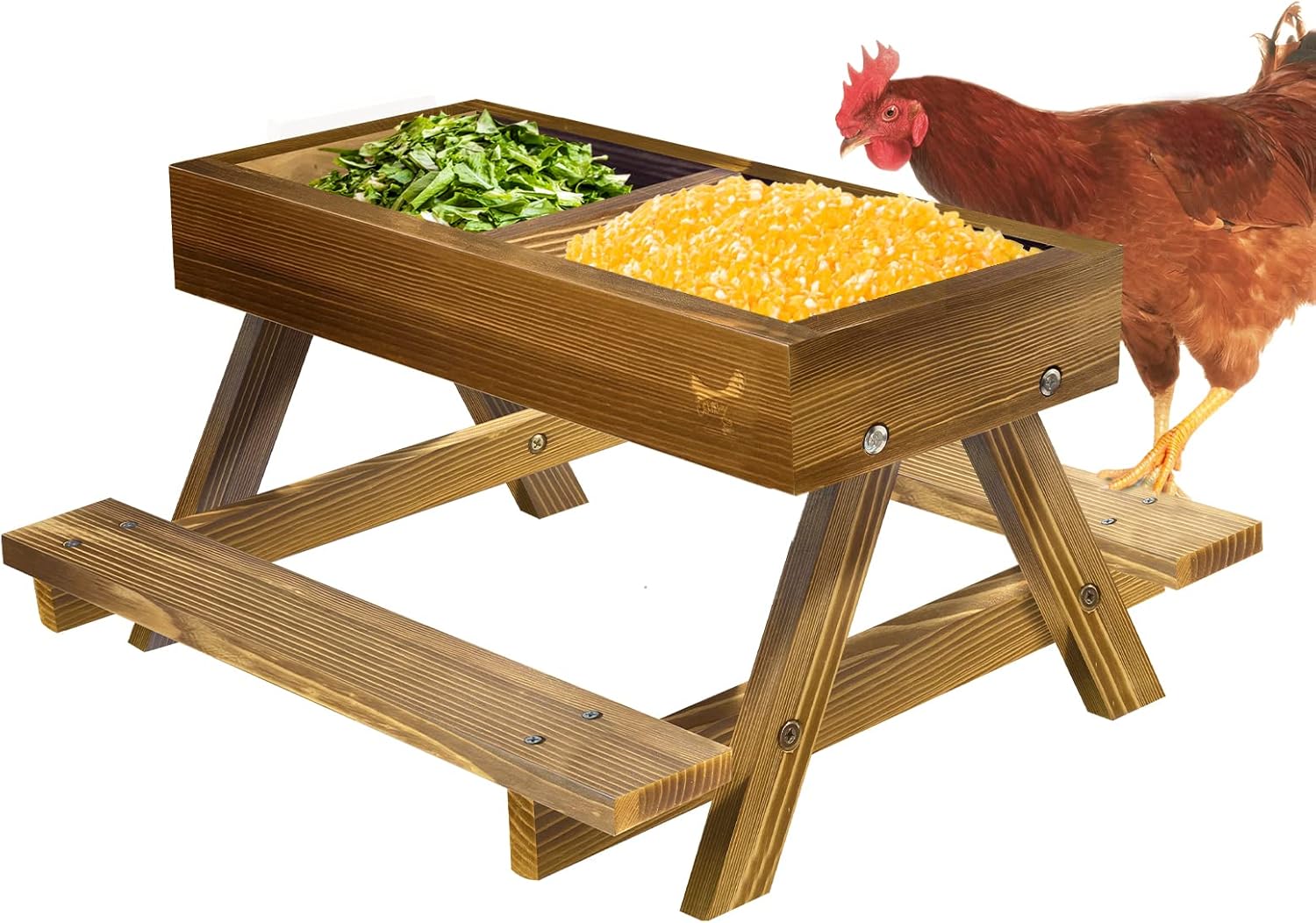Chicken Picnic Table Feeder, Special Chicken Feeder No Waste Carbonization Woode...