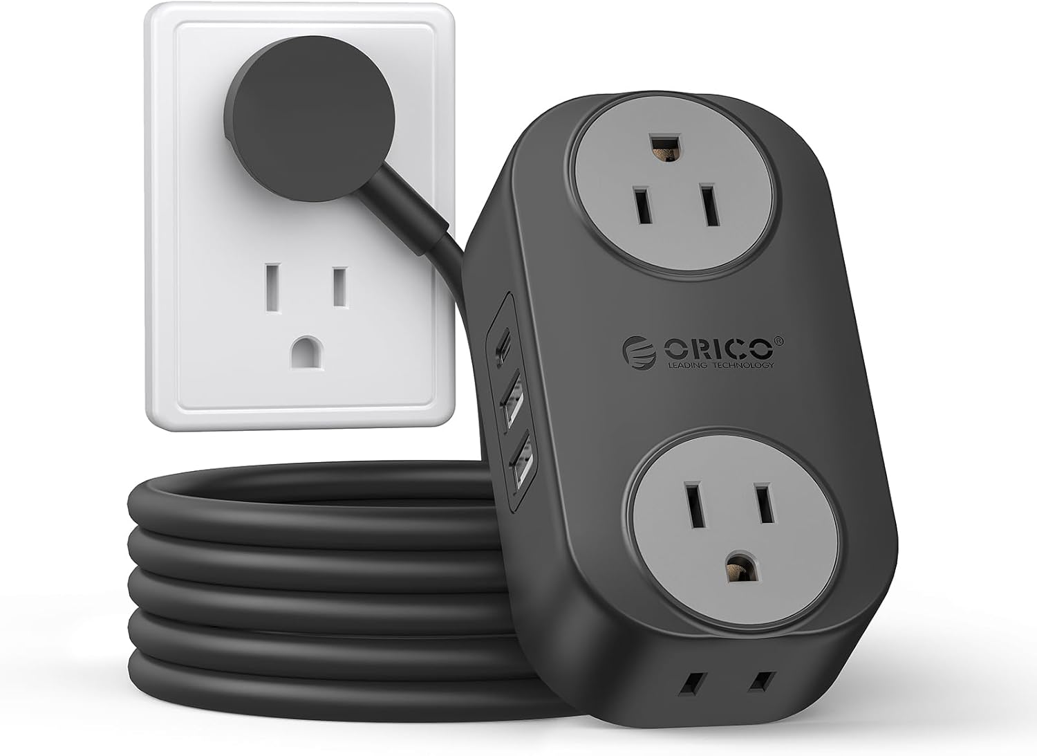 Extension Cord with USB Ports, ORICO 5 FT Extension Cord with 3 USB(1 USB-C) Por...