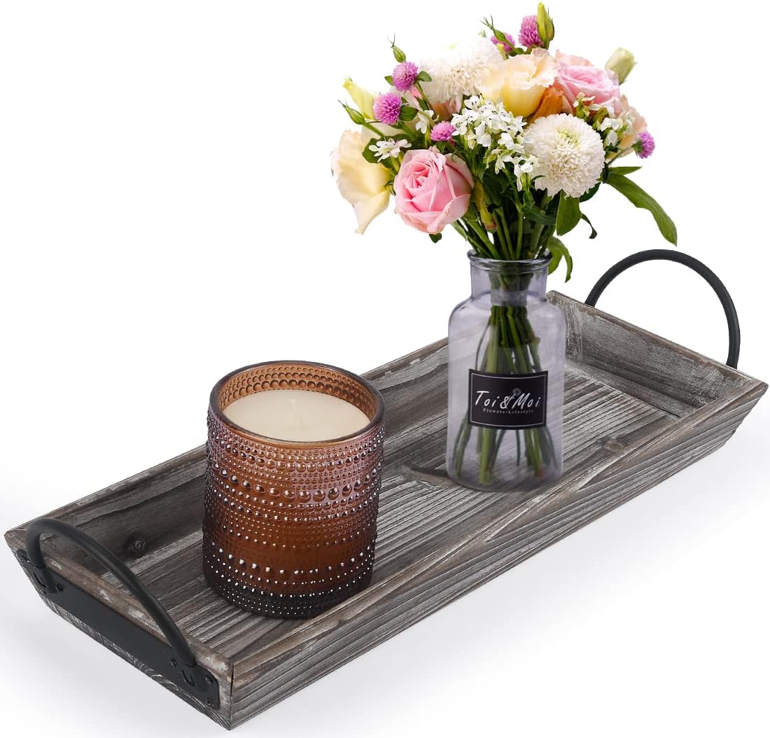 Wooden Tray Candle Holder, Special Candle Holder with Black Metal Handles, Uniqu...