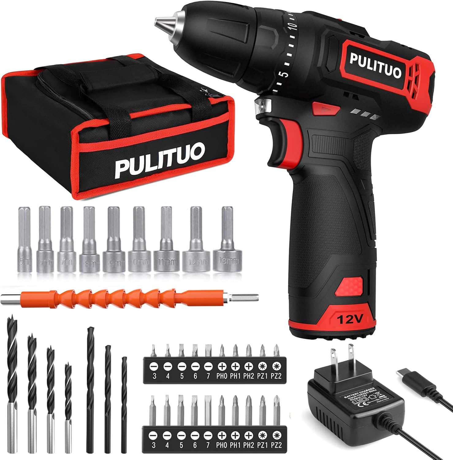 PULITUO Cordless Drill/Driver Kit, Special Power Drill Set with 35N.m Torque, In...