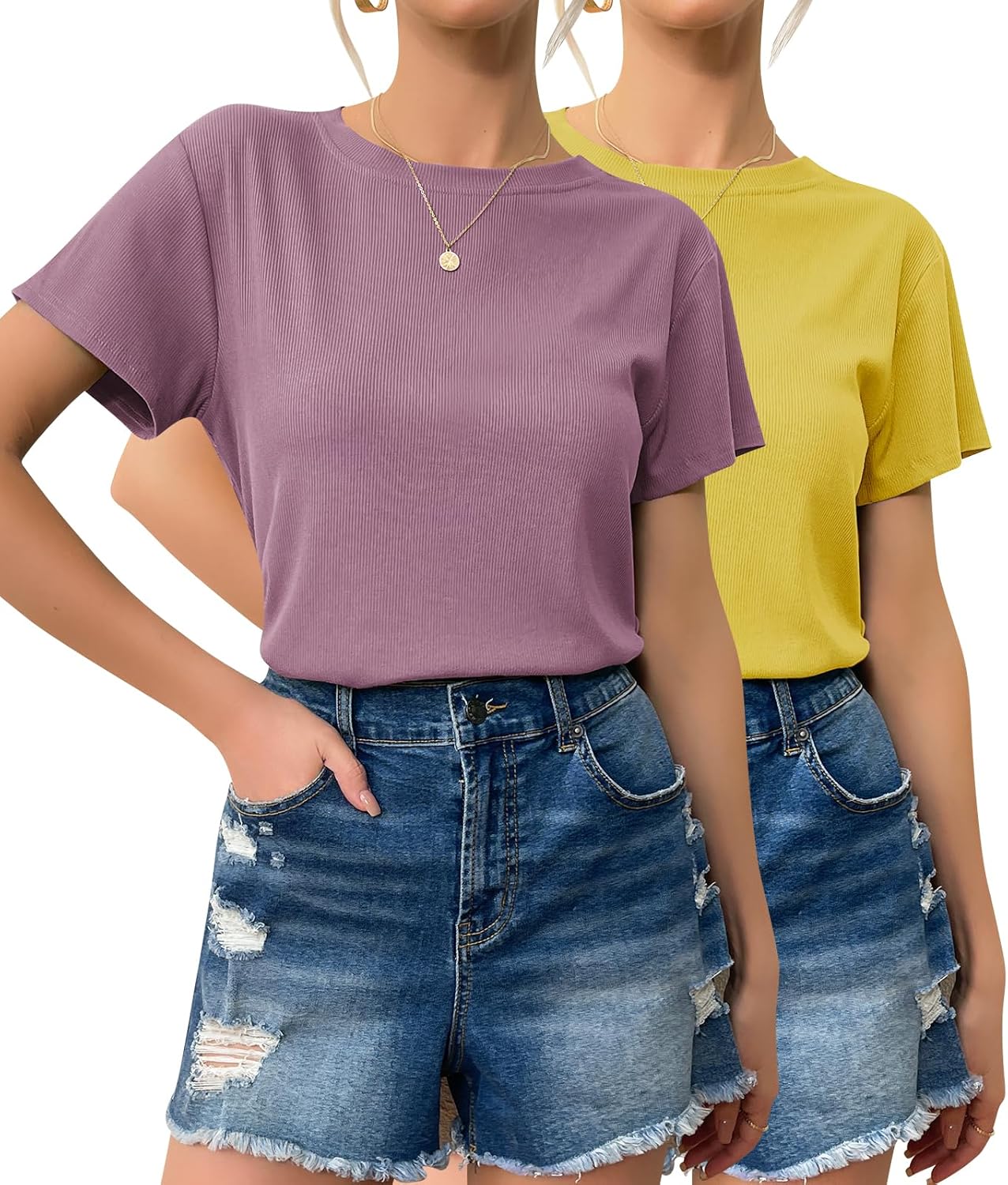 Summer High Neck Short Sleeve Shirts for Women Going Out Tops Ribbed Casual Tren...