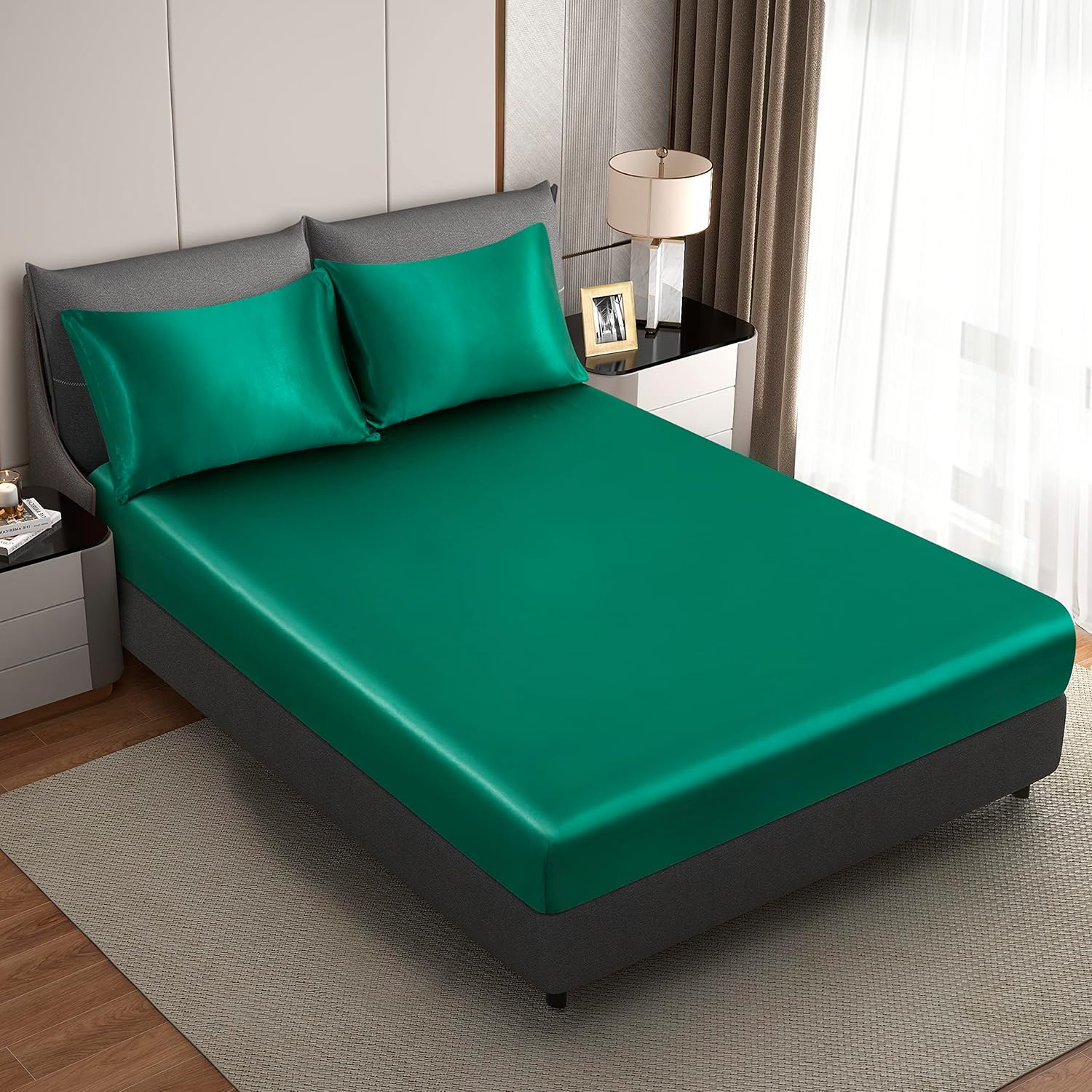 Unique Silky Satin Blackish Green, Twin Fitted Sheet with Deep Pocket, Breathabl...