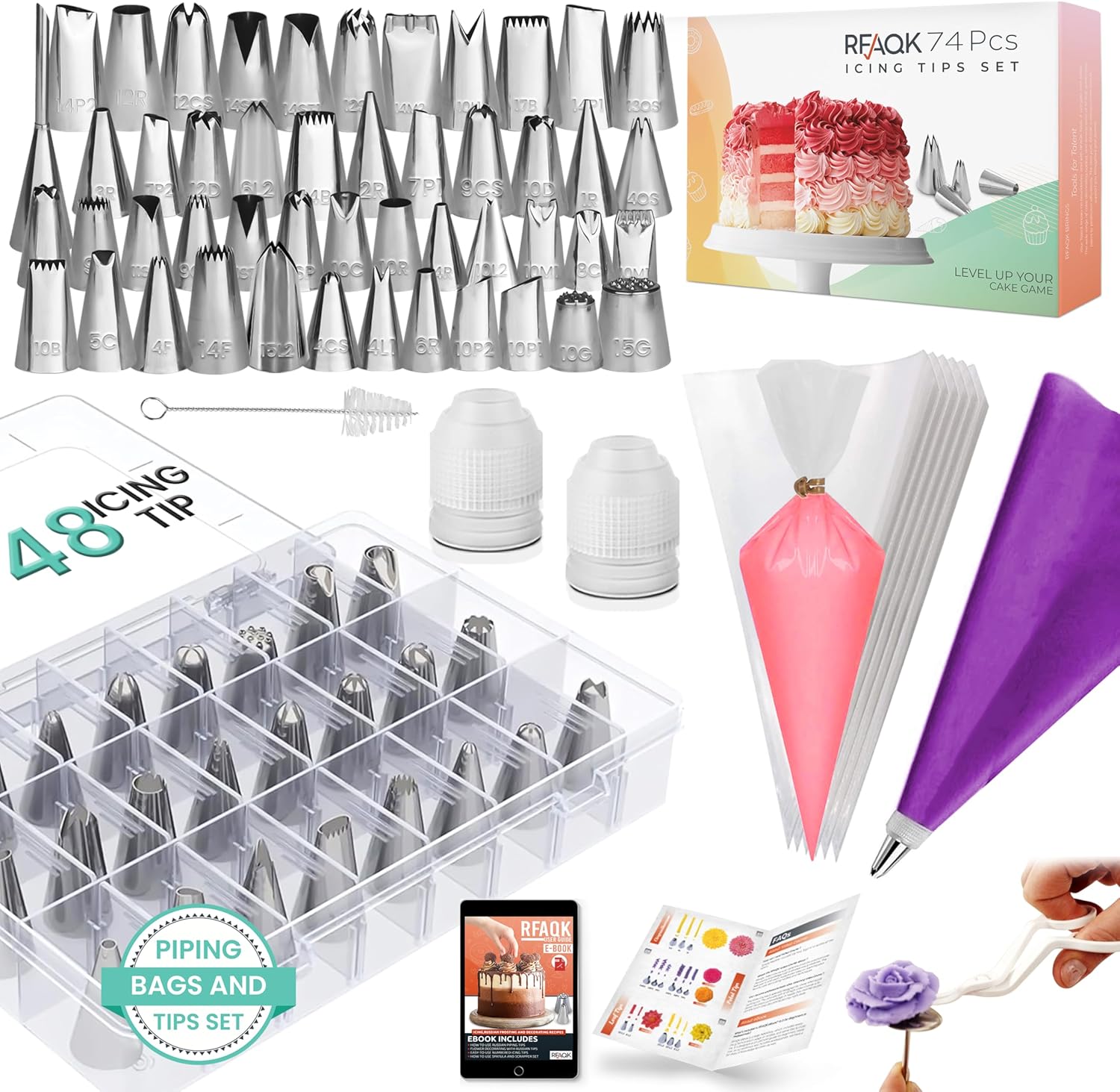 RFAQK 74 PCs Icing Piping Bags and Tips Set, Special Cake Decorating Kit with 48...