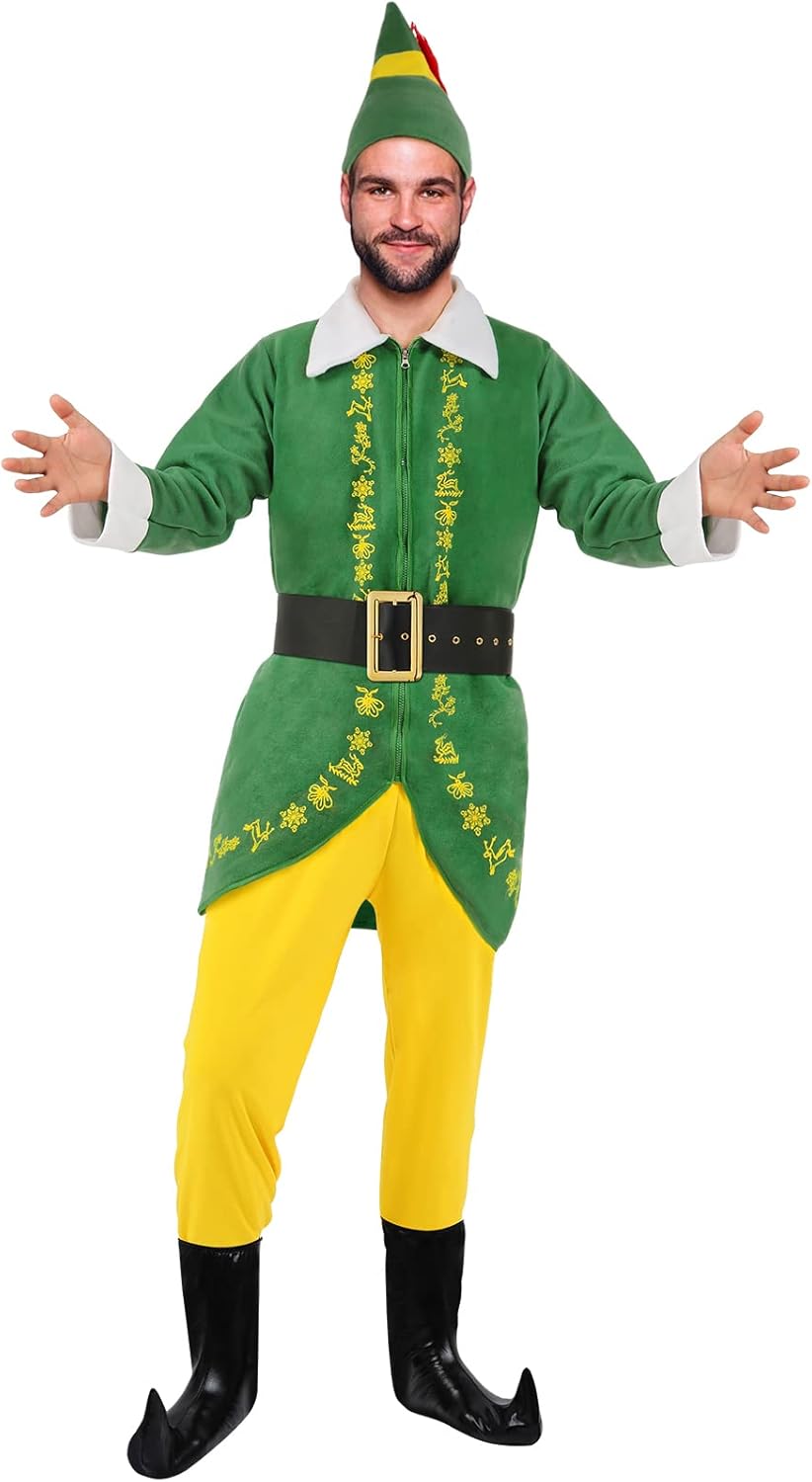 Men's Elf Costume Christmas Halloween Costume Santa Costume Full Set Holiday Par...