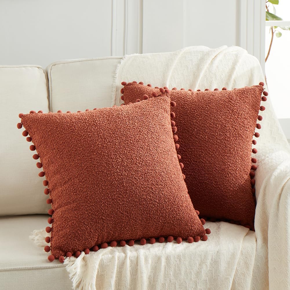 Fancy Homi Set of 2 Rust Textured Boucle Decorative Throw Pillow Covers 18x18 In...