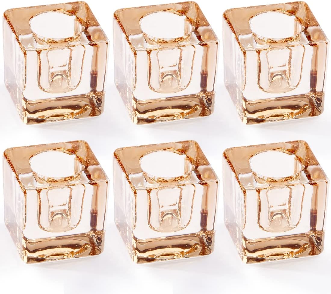 Amber Square Glass Taper Candle Holders, Special Decorative Crystal Candle Stick...