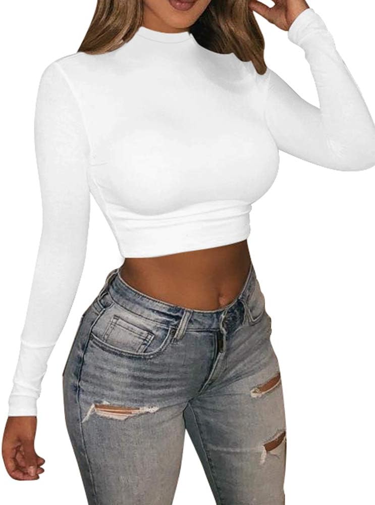 LAGSHIAN Basic Long Sleeve Crop Top, Special Women's Turtleneck Sexy Casual Top,...