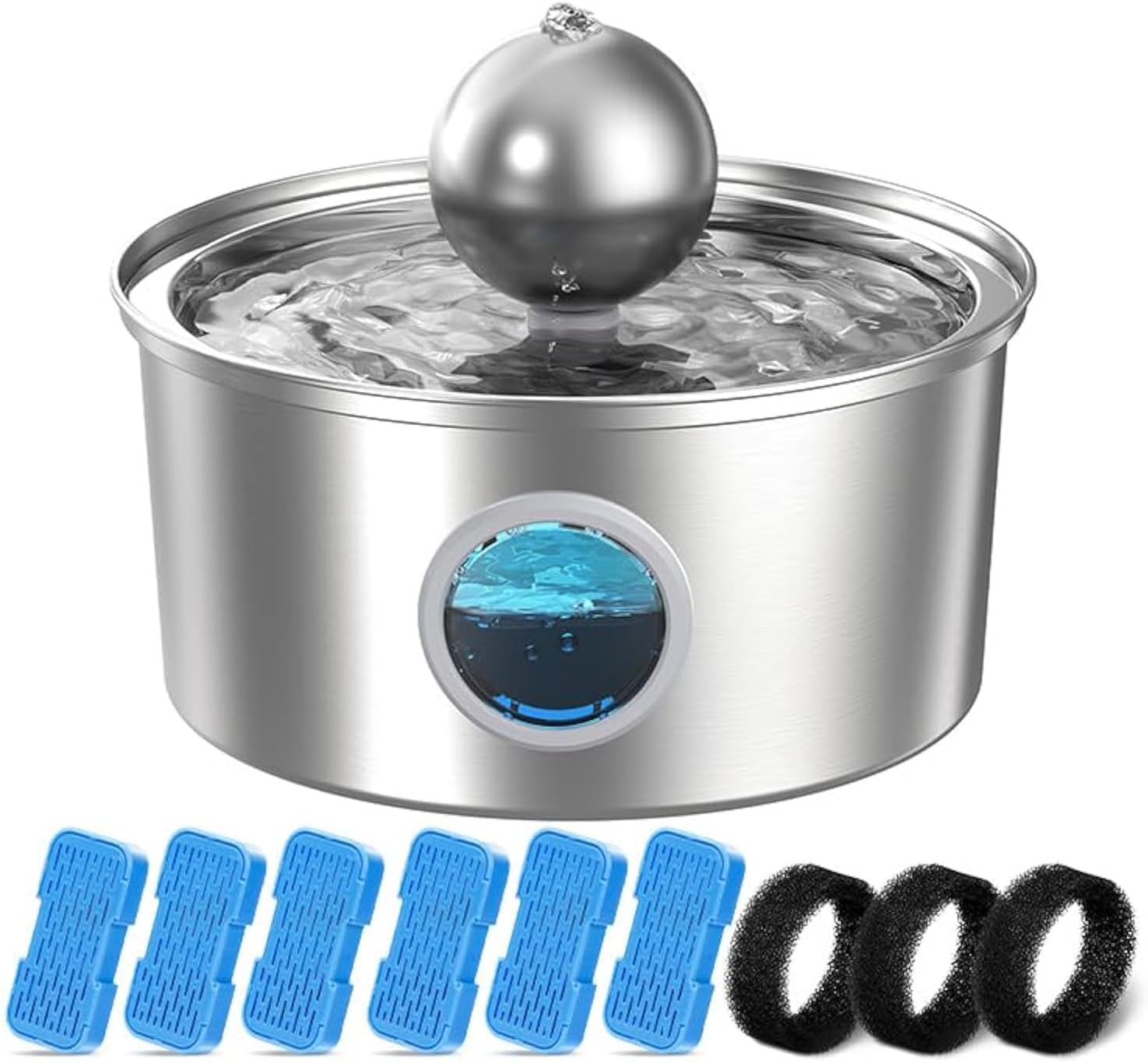 Cat Water Fountain Stainless Steel:with 6 Carbon Filter+3 Pieces 108oz/3.2L Pet...