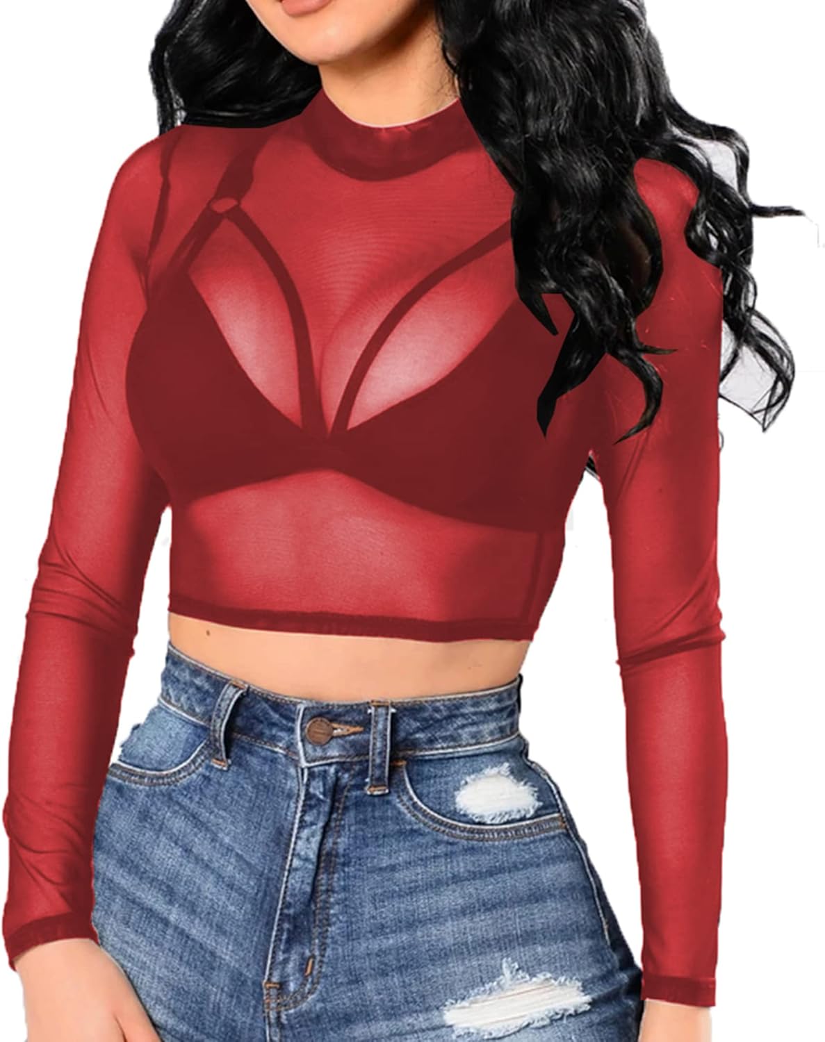 BelleLovin Women's Sheer Mesh Long Sleeve Crop Top, Special Sexy Tee Blouse, Hig...