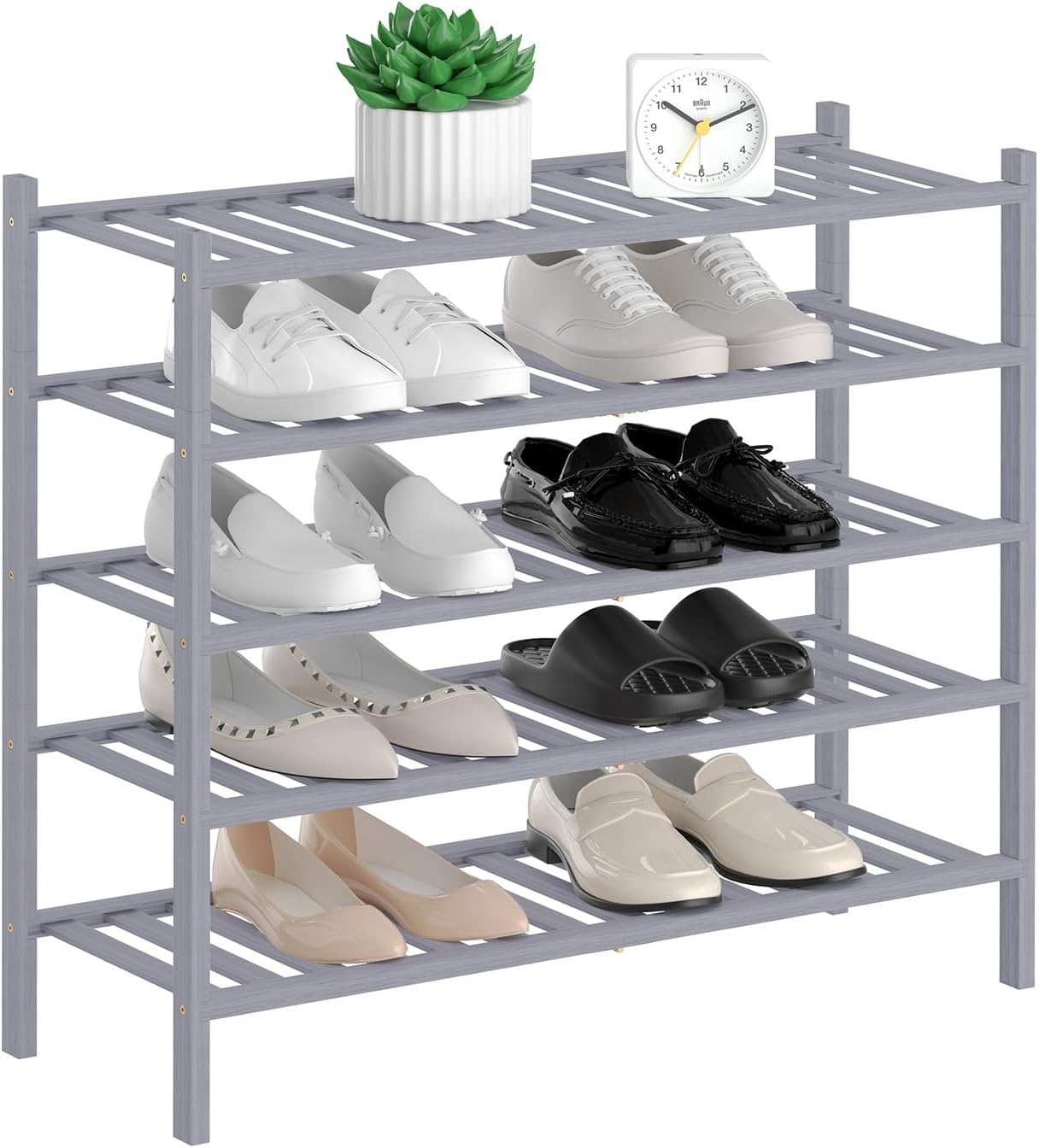5-Tier Natural Bamboo Shoe Rack, Special Stackable Storage Shelf with Multi-Func...