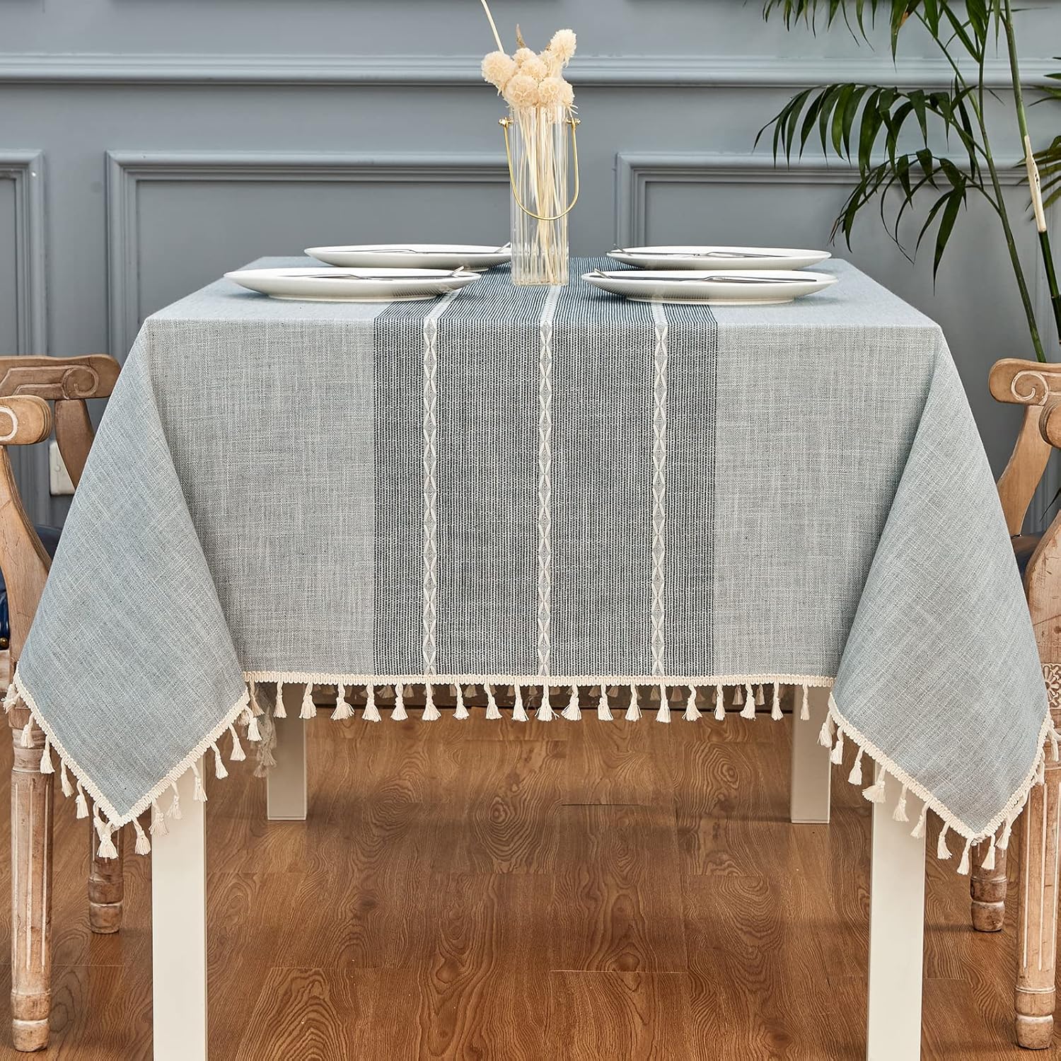 Mebakuk Square Table Cloth Linen Farmhouse Tassel Tablecloth Wrinkle Free and Du...