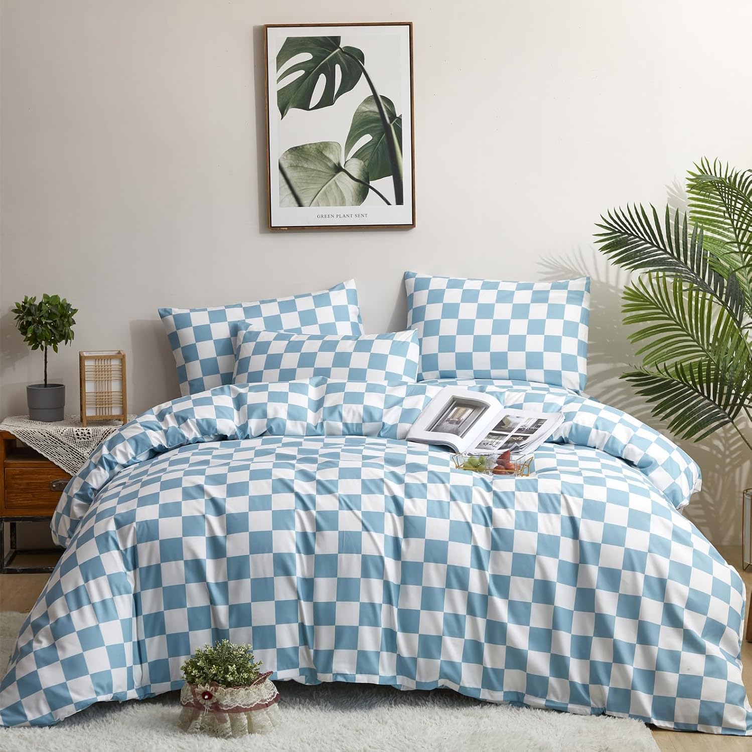 KAREVER Blue White Grid Comforter Set, Unique Plaid Bedding Set for Women, High-...