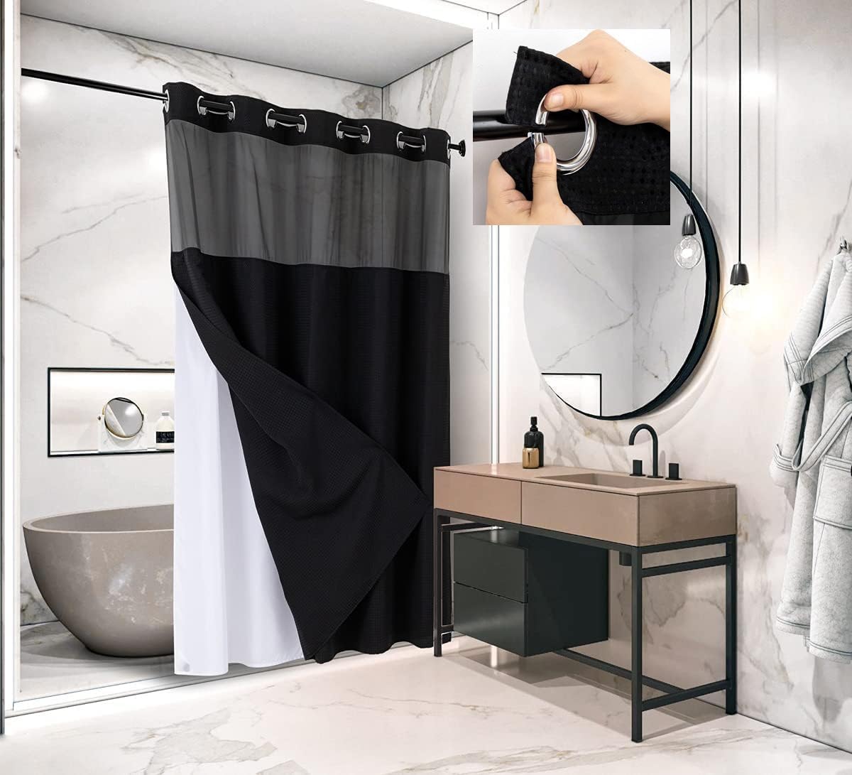 WPM Shower Curtain, Special No Hooks Required Shower Curtain with Snap-in Liner,...