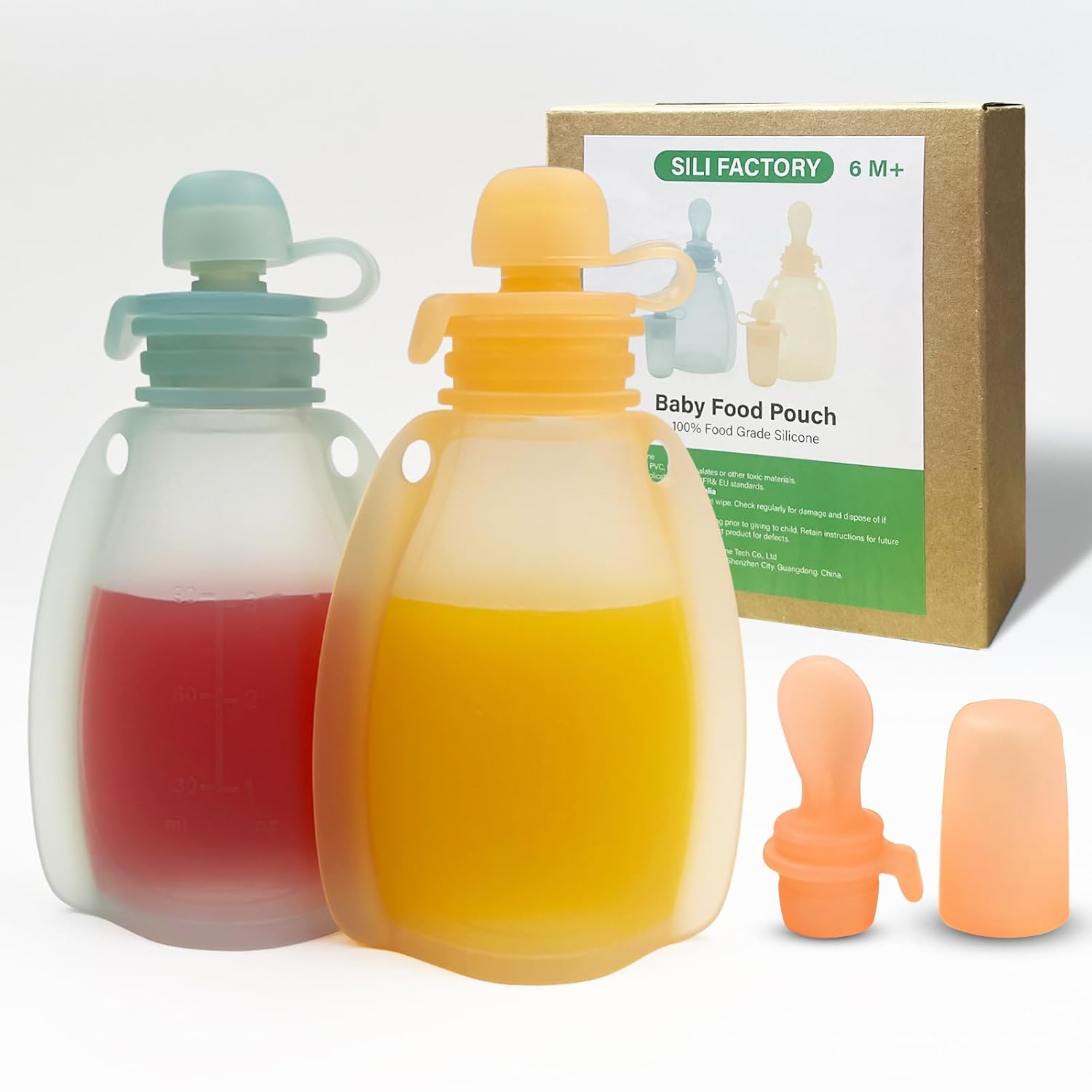 Reusable Silicone Baby Food Pouches 2 Pack Baby Food Storage and Scoop Squeeze P...
