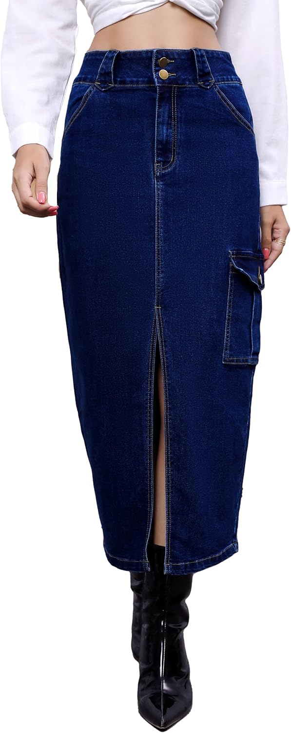Midi Women Denim Skirt High Waisted Slit Cotton Casual Stretch Long Jean Skirt f...