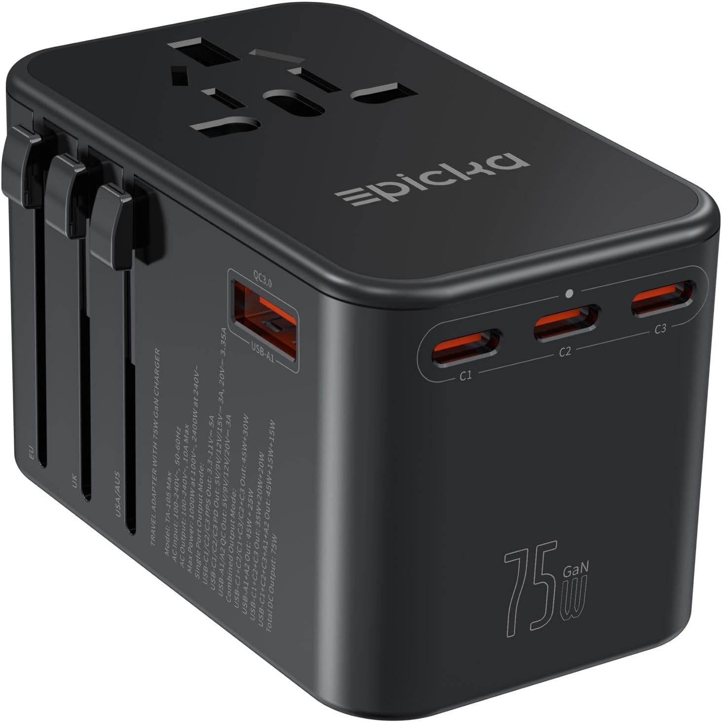 EPICKA Universal Travel Adapter, GaN 75W International Plug Adapter with 3 USB-C...
