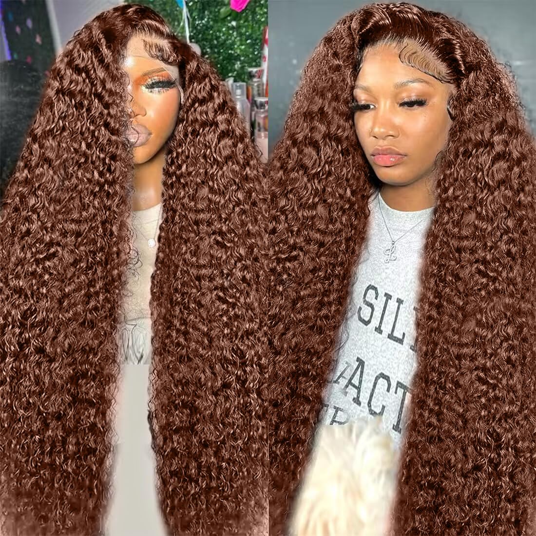 250% Density Mongolian Curly Lace Front Wigs Human Hair 13x6 Auburn Brown HD Tra...