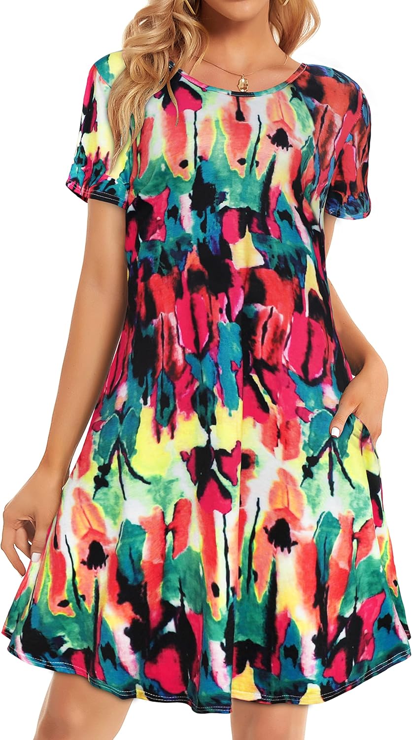 Womens Summer Dresses Beach Casual Loose Tshirt Floral Short Sleeve Flowy Pocket...