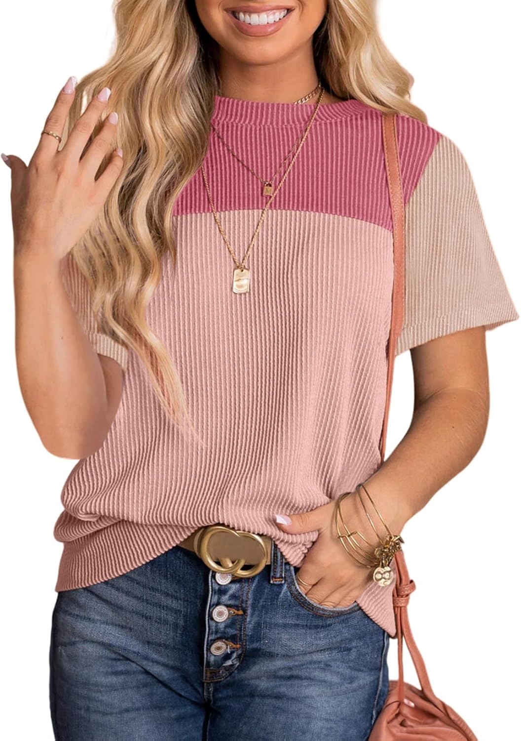 Dokotoo Womens Color Block Fashion Short Sleeve Crewneck Knitted Spring Summer C...