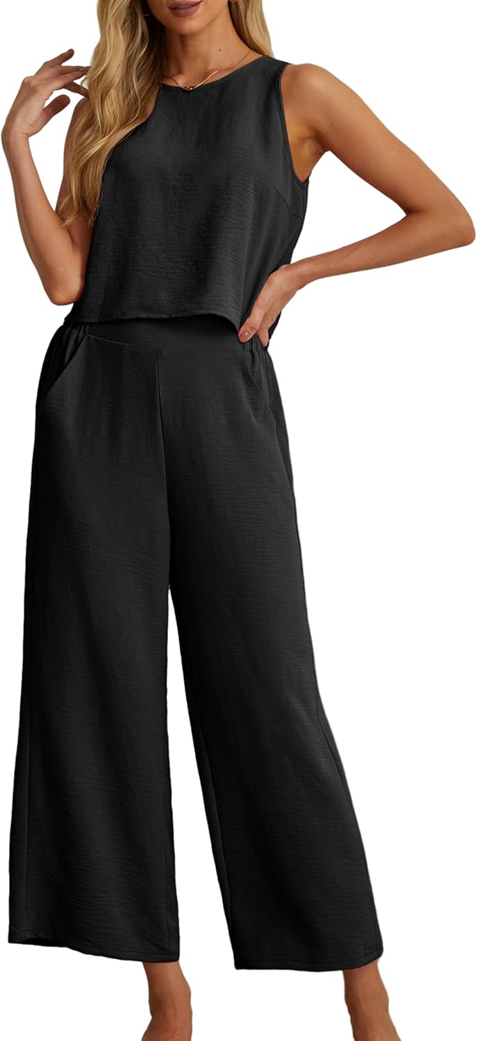 IWOLLENCE Women's Summer 2 Piece Outfits Set Round neck Sleeveless Tank Crop Top...