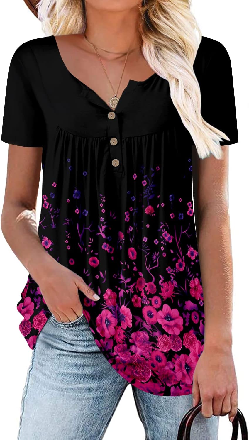 ROSELINLIN Women's Short Sleeve Shirts Floral Summer Tops Loose Fit for Leggings...