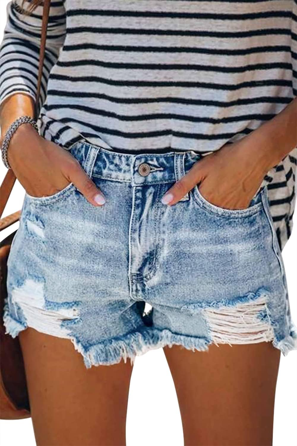 onlypuff Women's Denim Jean Short Ripped High Waist Cut Off Large D-light Blue