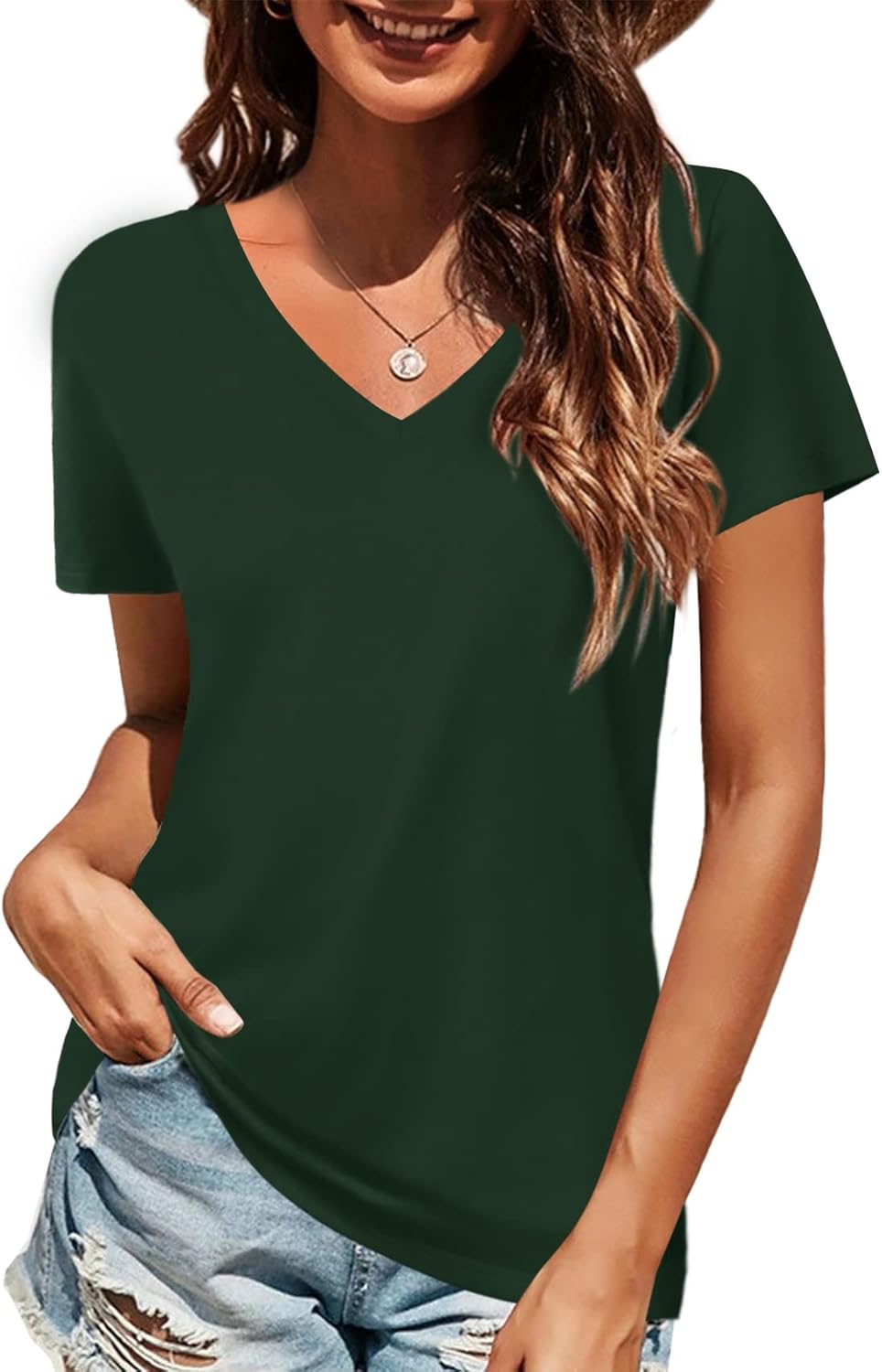 Elesomo Women Shirts V Neck Short/Long Sleeve Cotton Tops T-Shirt Basic Tees Med...