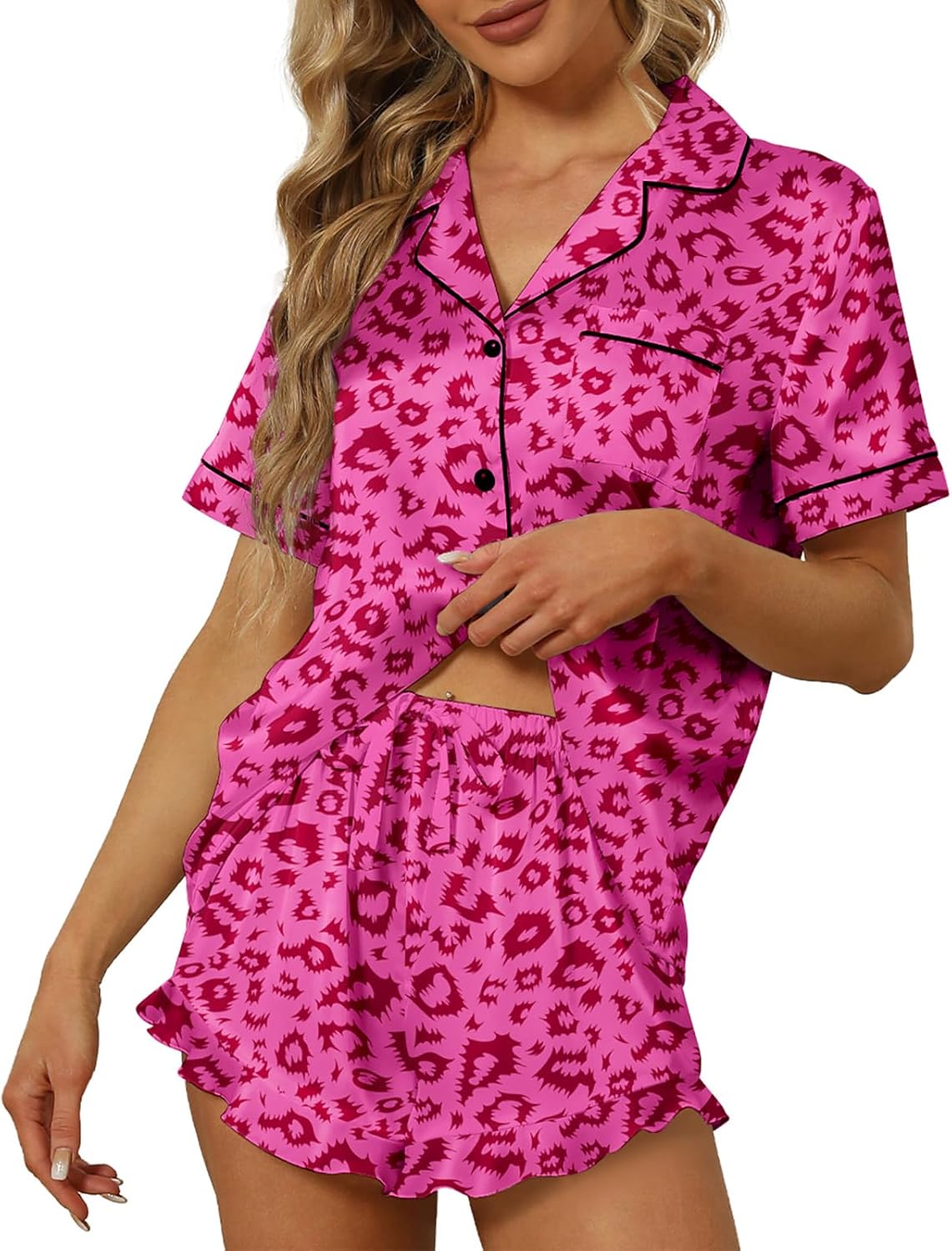 SAPJON Satin Silk Pajamas for Women 2Pcs Ruffle Notch Collar Sleepwear Button Do...