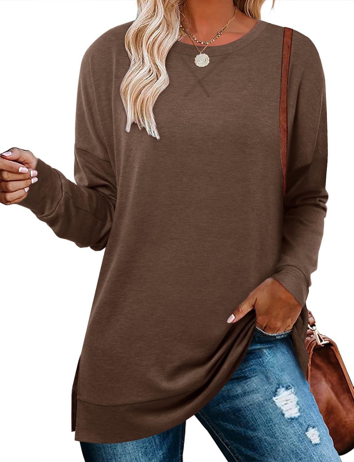 BETTE BOUTIK Women's Drop Long Sleeve Sweatshirt Tops Casual Crewneck Tunic Swea...