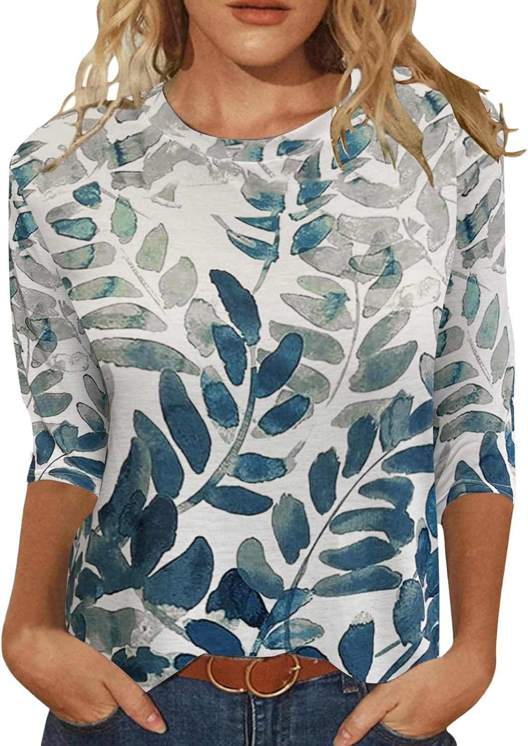 Womens Tops 3/4 Sleeve Shirts Round Neck Loose Casual Blouses Floral Print Tshir...