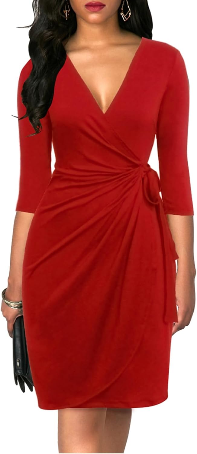 Berydress Women's Classic 3/4 Sleeve V Neck Sheath Casual Party Work Faux Black...