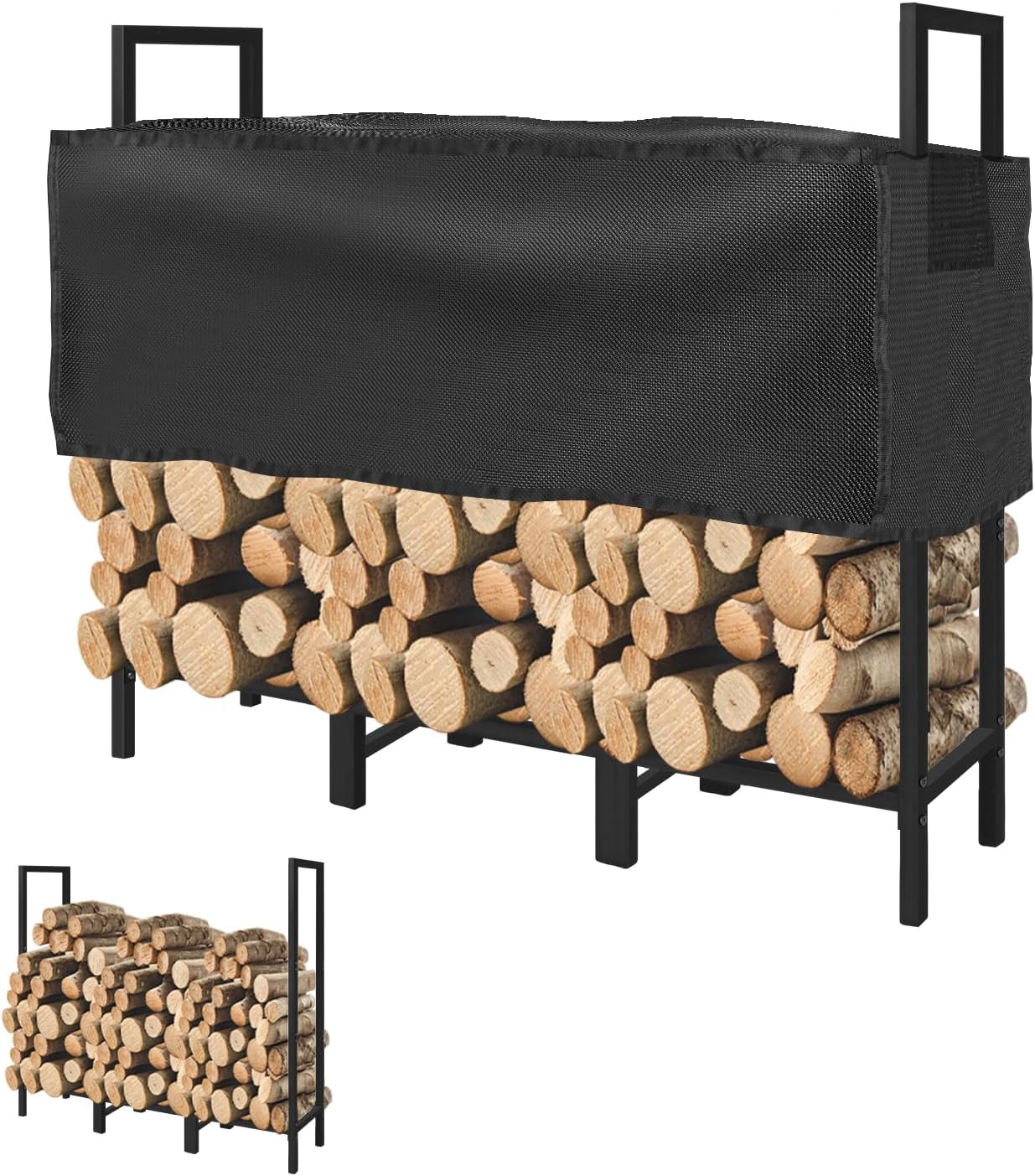 KYATE 4ft Firewood Rack Outdoor with Adjustable Cover Fireplace Wood Storage Ind...