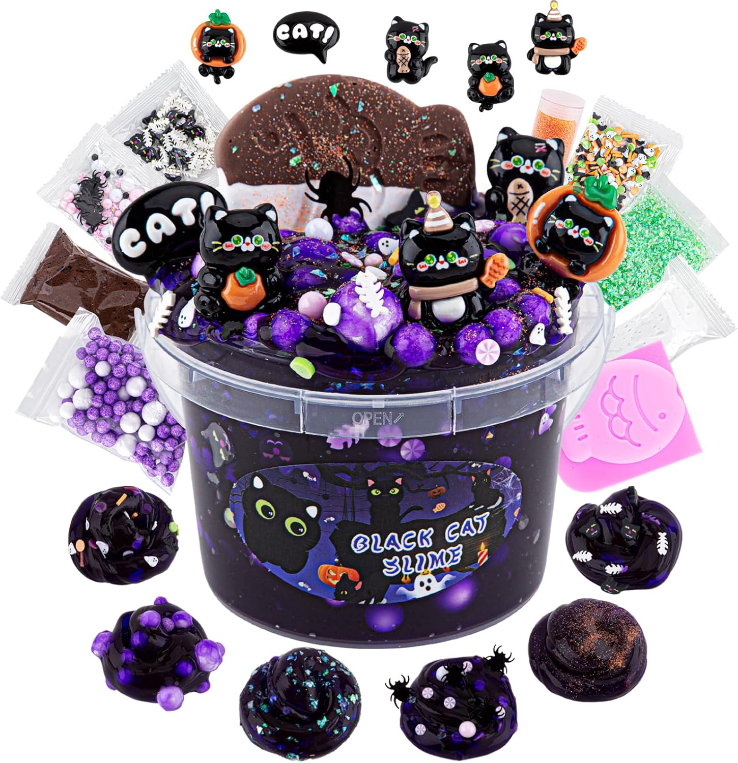 300ml Black Cat Clear Slime with Clay, Dark Purple Slime Kits for Girls & Boys w...