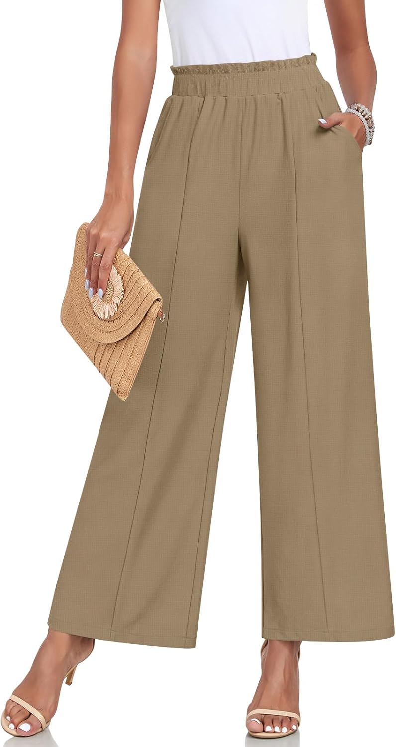 Anyally Womens Loose Wide Leg Pants Business Casual Elastic Waisted Palazzo Hare...
