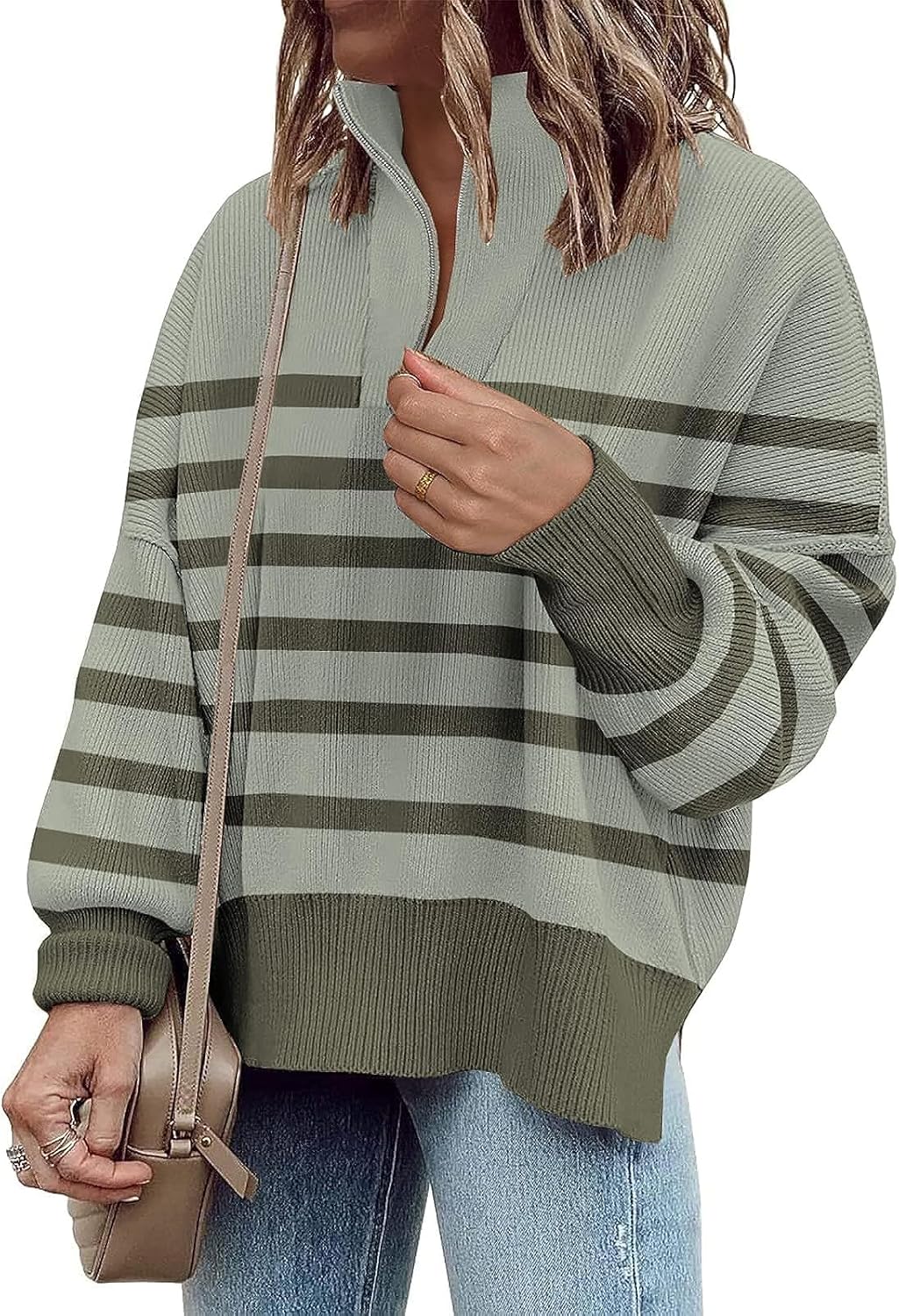 Womens Sweaters, Unique Casual Zipper Neck Knit Tops, Special Batwing Sleeve Ove...