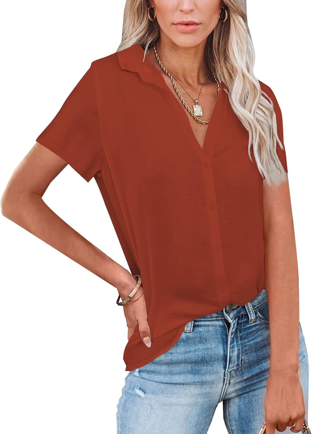 Diosun Womens Button Down V Neck Shirts Long/Short Sleeve Office Casual Business...