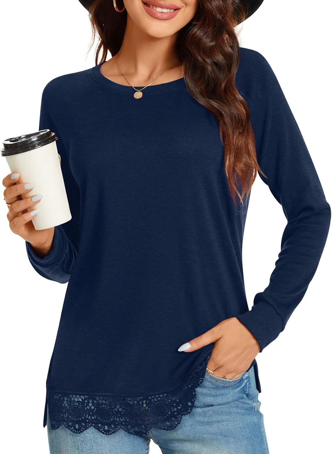 TAOHUADAO Women's Casual Tops, Special Long Sleeve T-Shirt with Lace Hem, Innova...