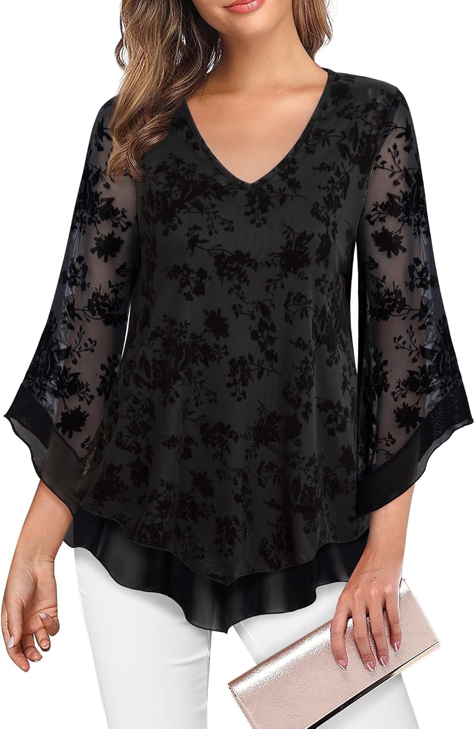 Lotusmile Womens Dressy Blouse Double Layers Mesh Shirt Ruffle 3/4 Flared Sleeve...
