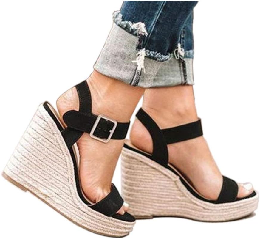 VICKI·VICKI Women's Platform Sandals Wedge Ankle Strap Open Toe Sandals 7 Black-...