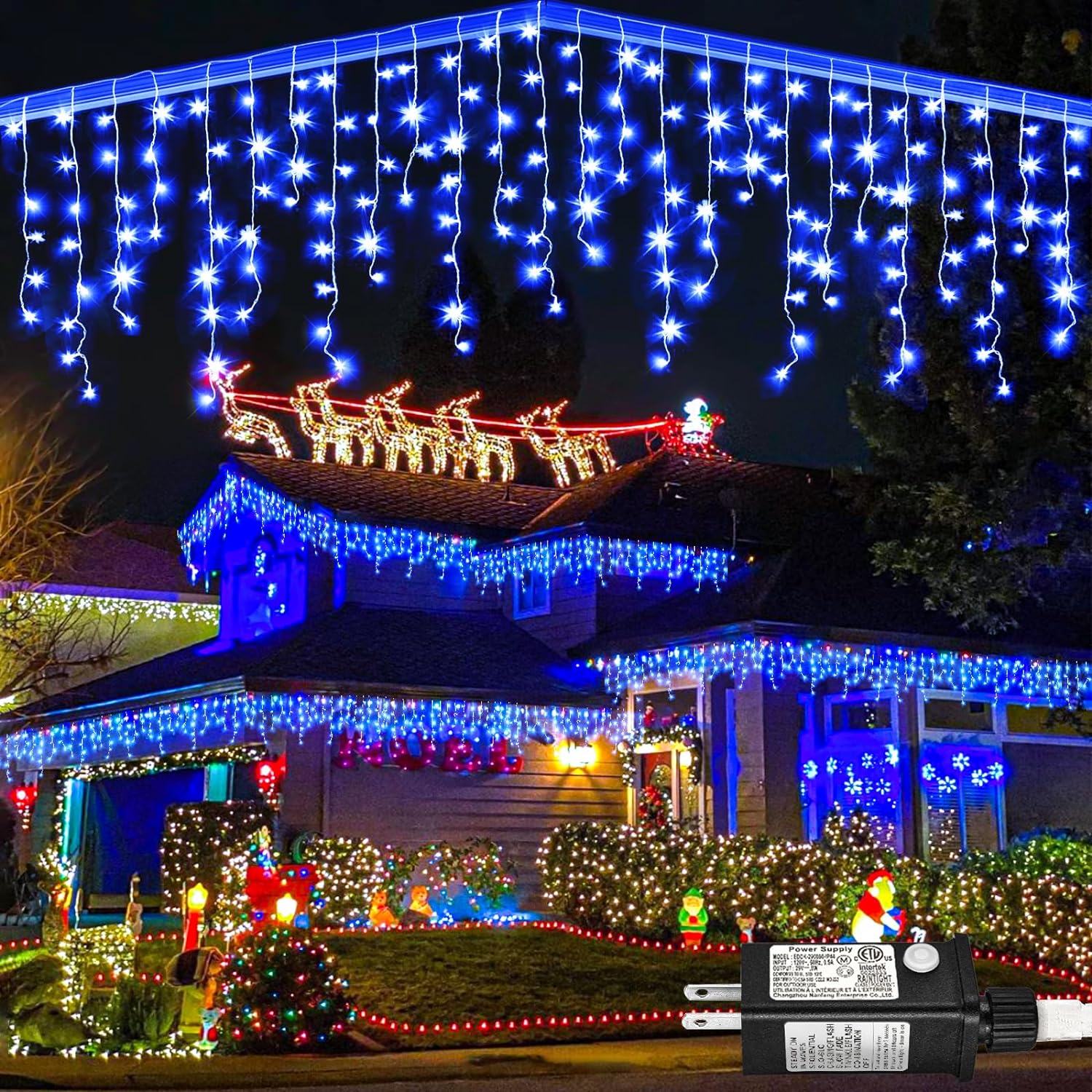 99ft Icicle Lights for Outside, Blue Christmas Lights Outdoor Indoor, 1216 LED T...