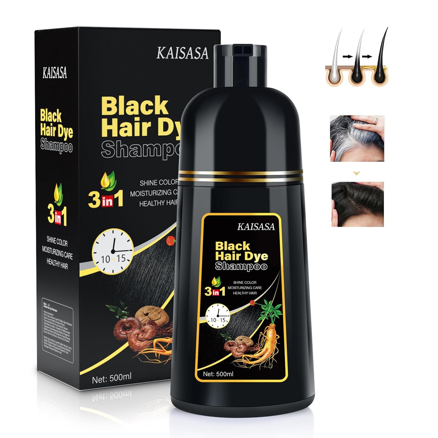 Black Hair Dye, Special 3 in 1 Shampoo for Gray Hair, Innovative Herbal Ingredie...