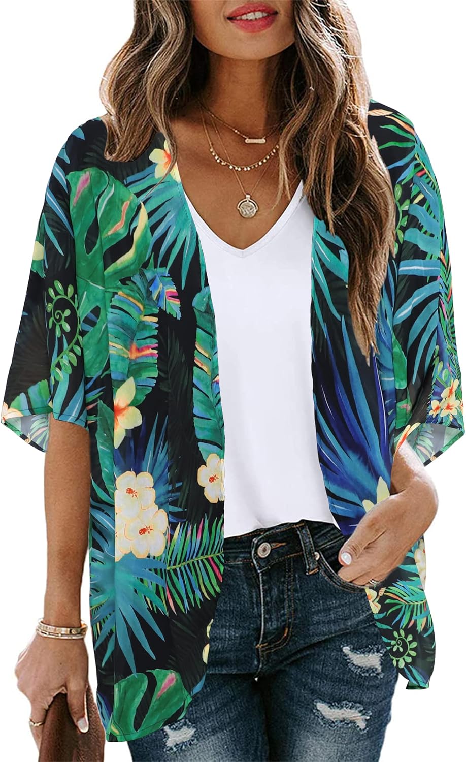 Women's Floral Print Kimono, Special Puff Sleeve Cardigan, Unique Loose Cover Up...