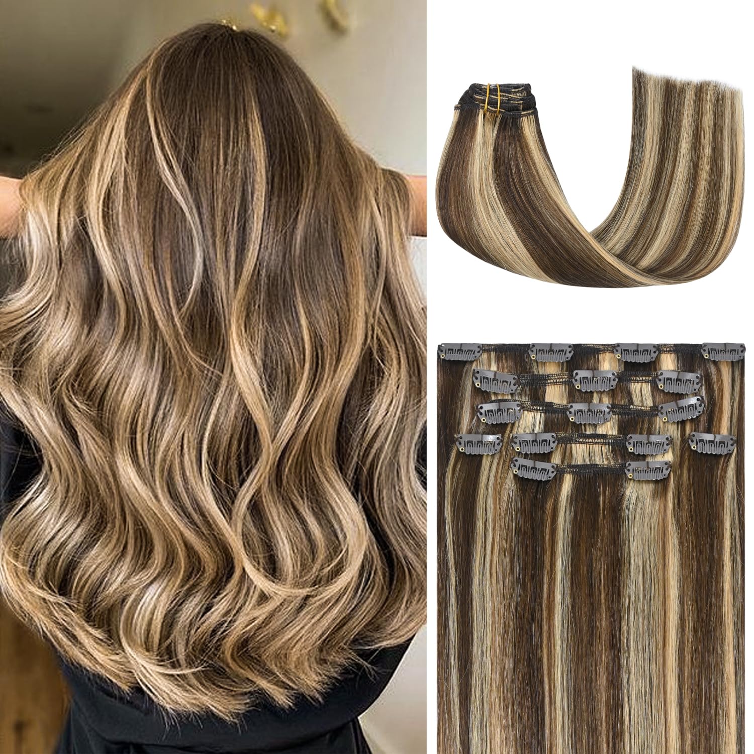 Honsoo Hair Extensions Real Human Hair Clip Ins 70g 15in 7pcs Chocolate Brown To...