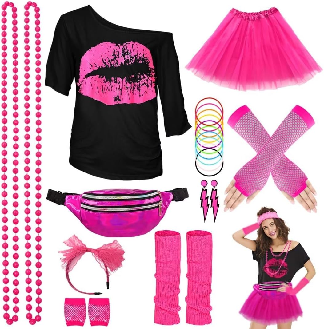 WILDPARTY 80s Costume Accessories for Women, T-Shirt Tutu Fanny Pack Headband Ea...