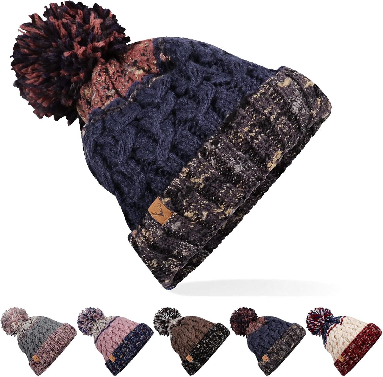 ECOMBOS Winter Bobble Hats Beanie Hat Cable Knitted Hat with Thermal Hat Womens...