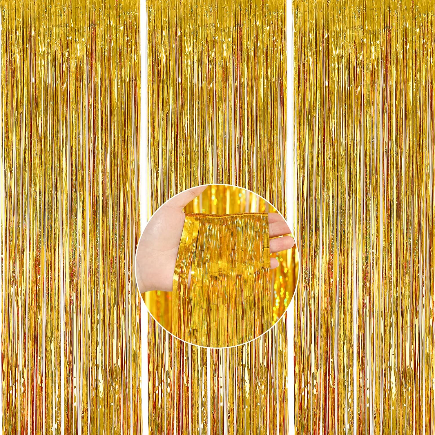 PartyWoo XtraLarge Foil Curtain 3 pcs, 3.3x6.6 ft Tinsel Curtains, Gold Streamer...