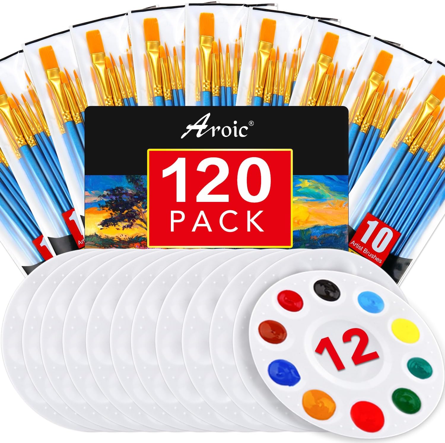 Painting Brush Palette Set, with 12 Packs of 120 Brushes and 12 Palettes,Nylon B...