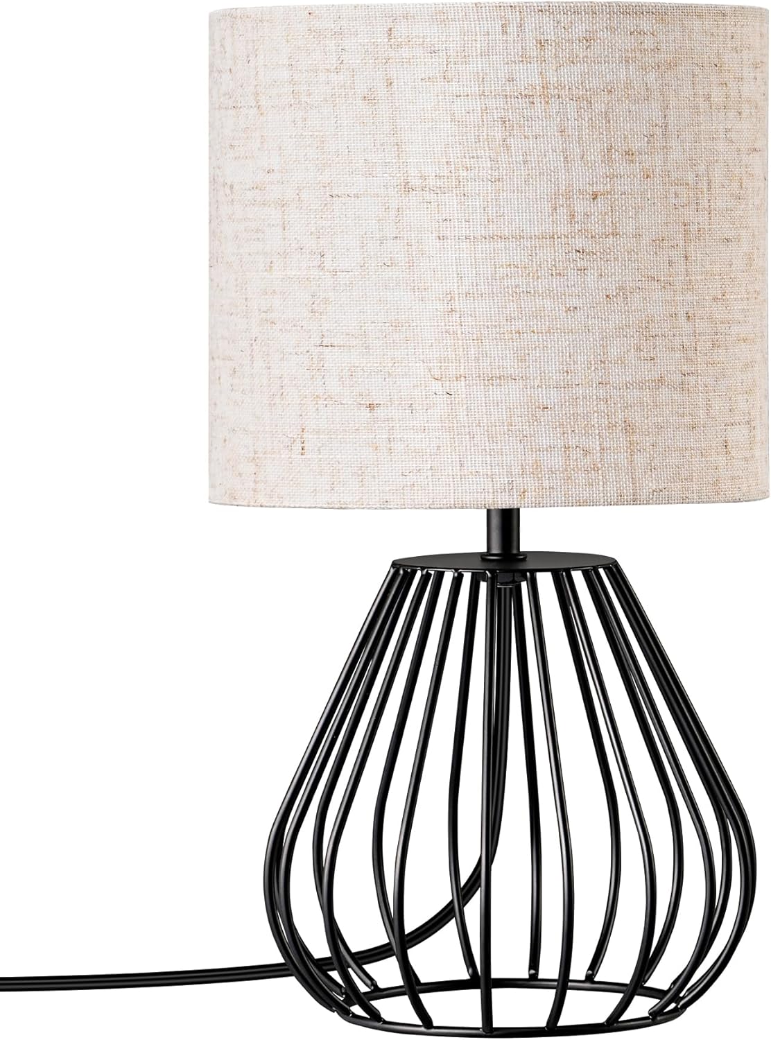 EDISHINE Bedside Lamp, Table Lamp with Metal Cage Base & Linen Lampshade, Modern...