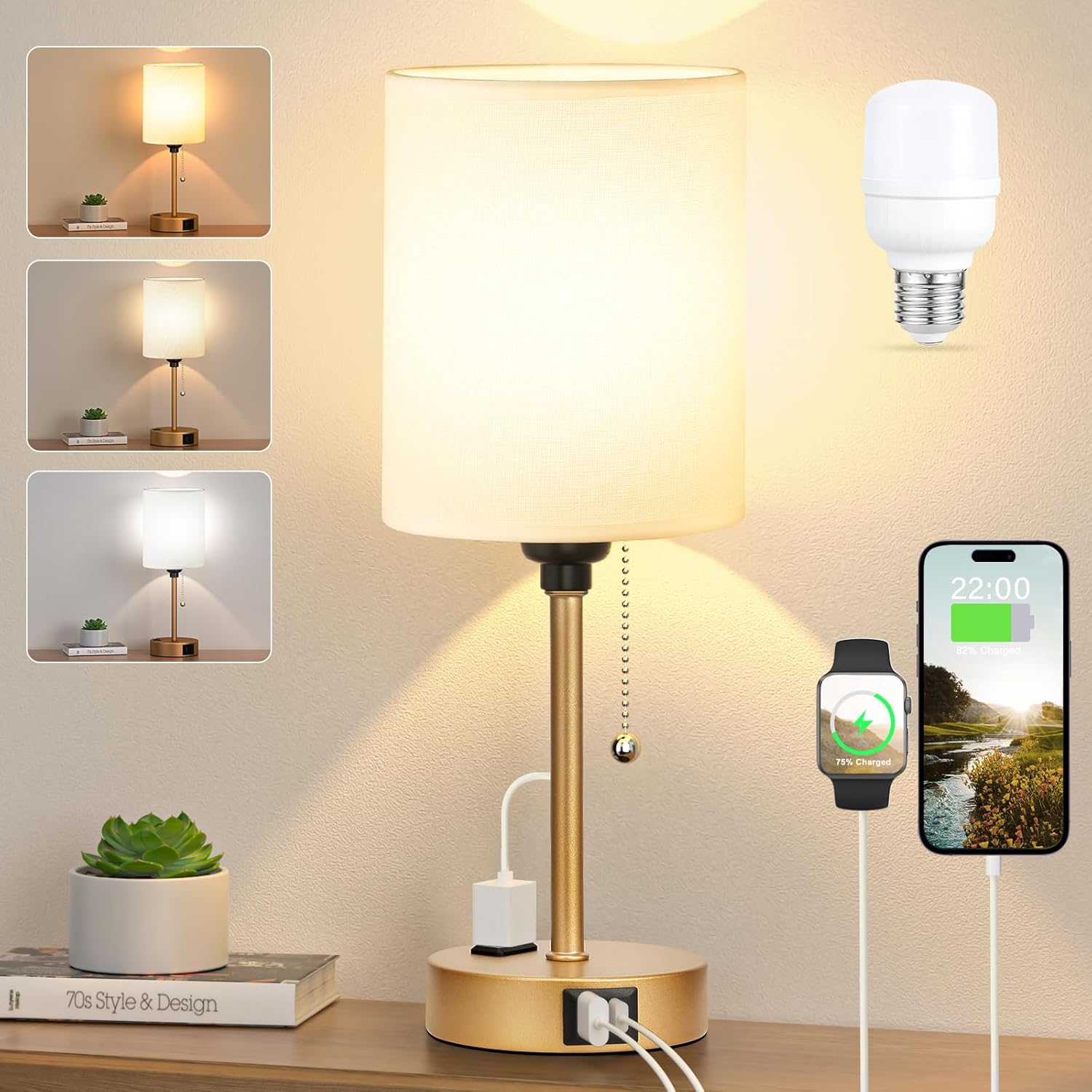 Dicoool Small Bedside Lamps 3 Color Modes - 2700K 3500K 5000K Bedroom Lamps with...